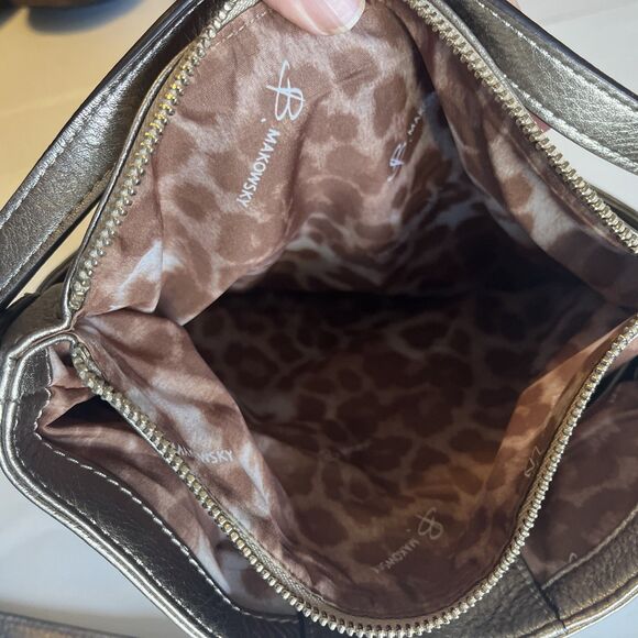 B. Makowsky Shoulder Bag Purse Gold Metallic Leather Turn Lock Bucket Dust Bag - Picture 7 of 16